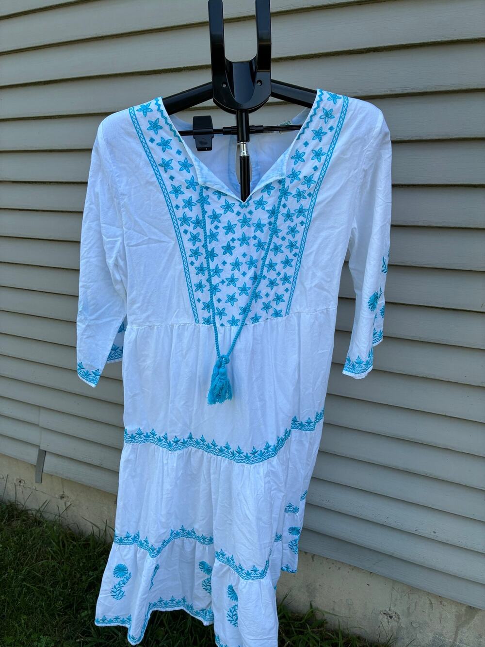 Collections Etc. Floral Embroidered 3/4 Sleeve Tiered Boho Dress Size Large